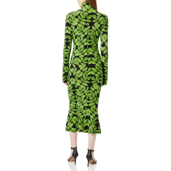 Norma Kamali Green Floral Long Sleeve Turtle Fishtail Dress to Midcalf XS NWT - Picture 2 of 11